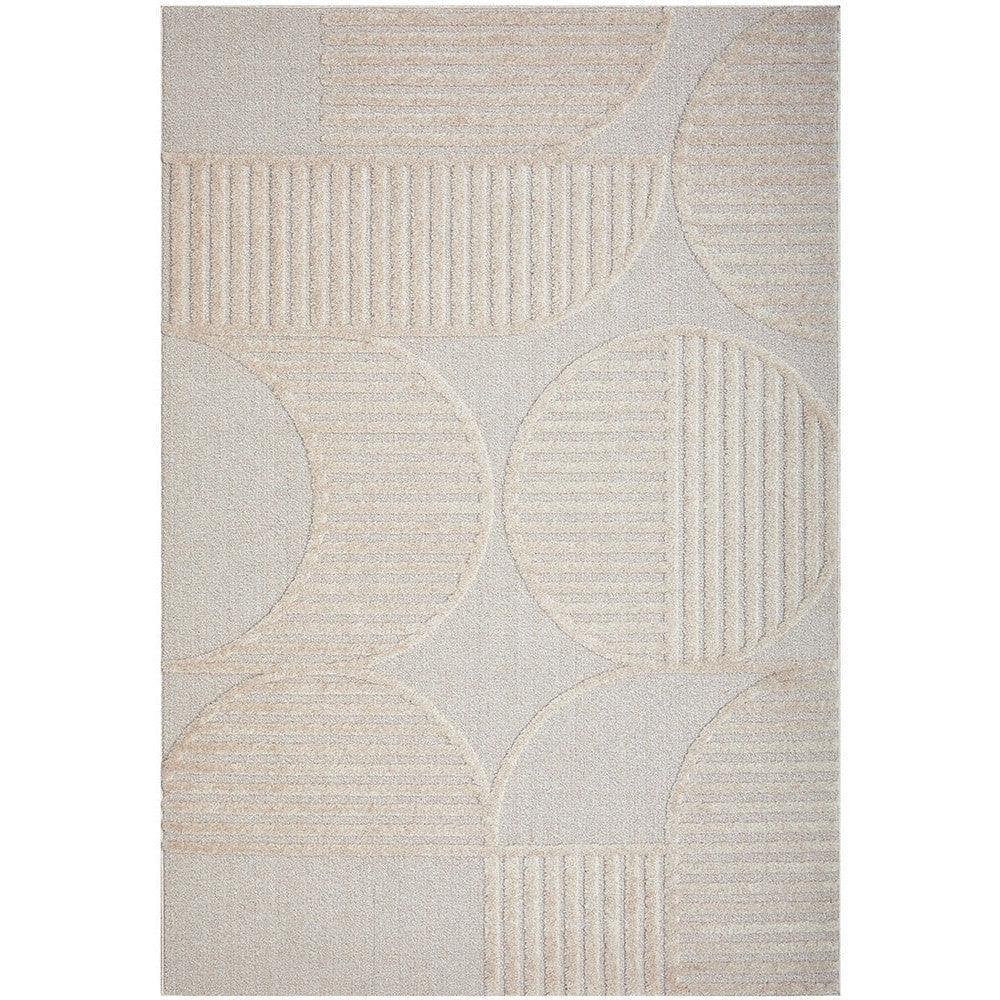 Lotus Leo Beige Rug featuring circular and ribbed geometric pattern in beige, cream and taupe on light beige background, machine-made wool