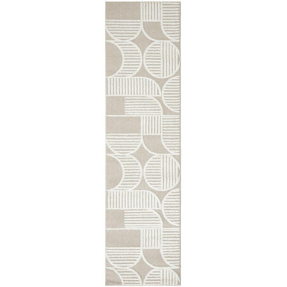 Lotus Leo Mixed Runner Rug featuring geometric abstract pattern in cream and beige on sand background, machine-woven polypropylene