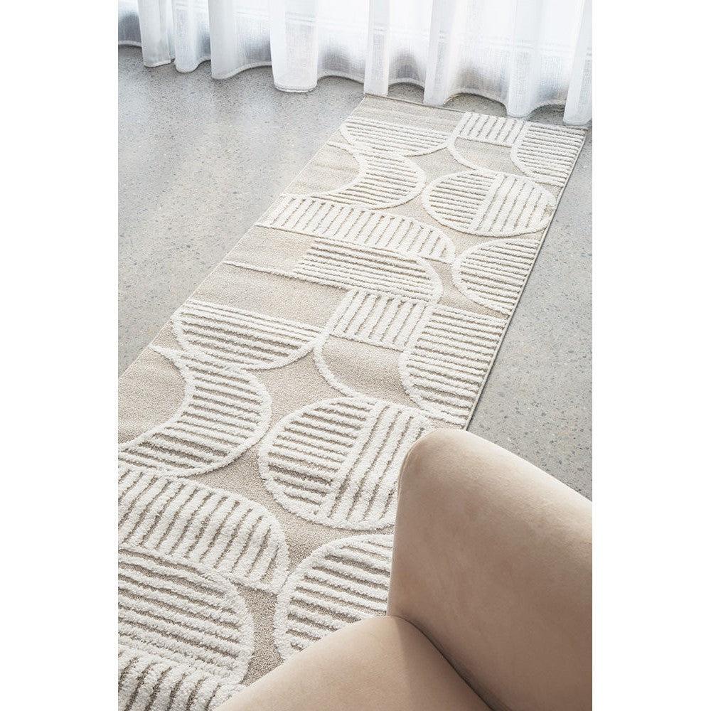 Lotus Leo Mixed Runner Rug featuring geometric circle stripe pattern in cream, beige on ivory background, machine-woven wool