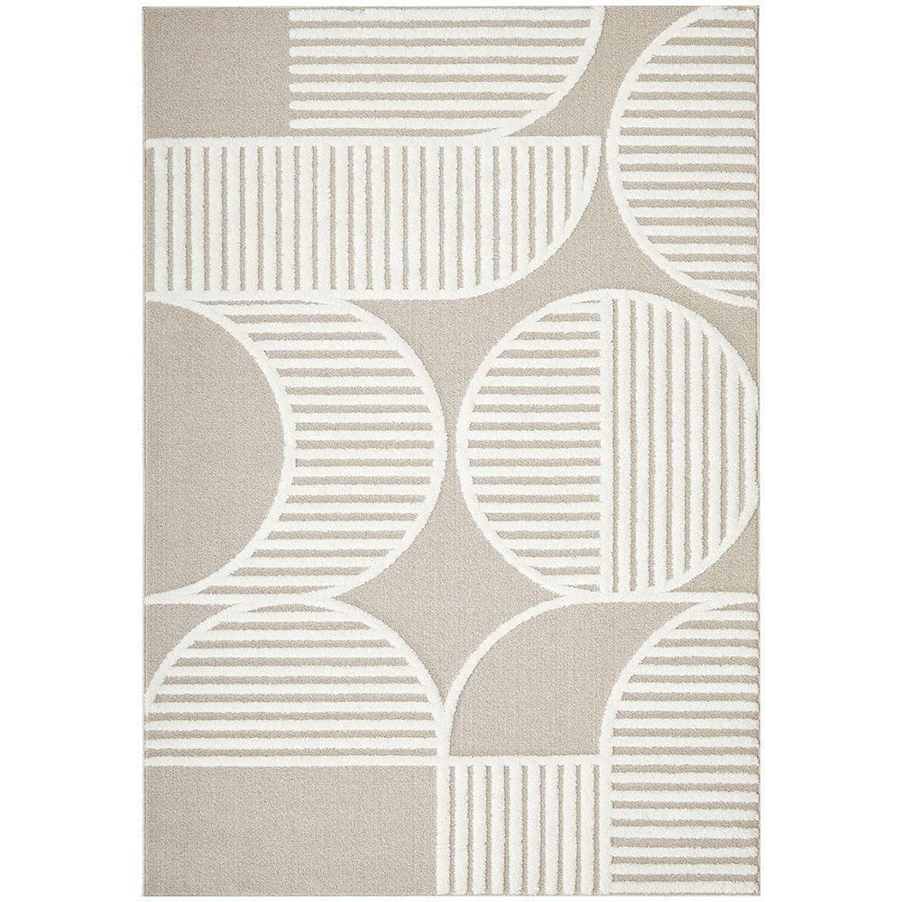 Lotus Leo Mixed Rug featuring geometric curved stripe pattern in beige and ivory on cream background, hand-tufted wool