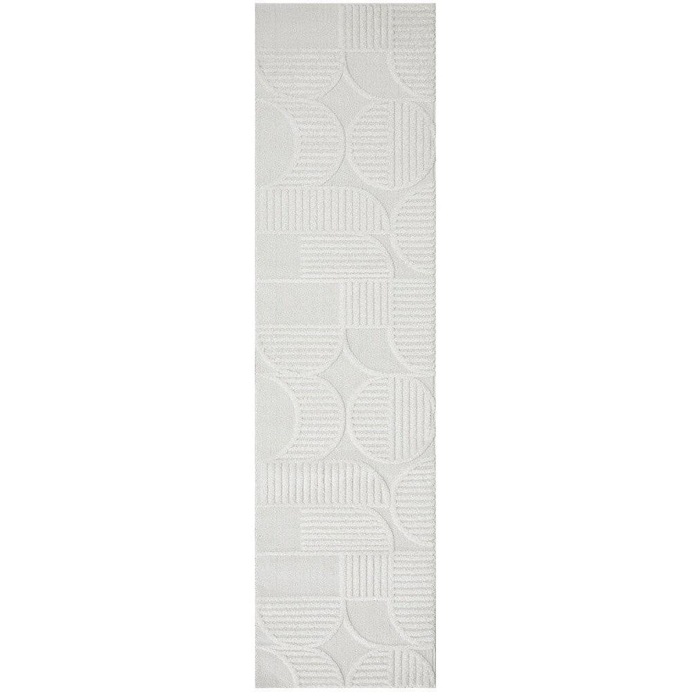 Lotus Leo White Runner Rug featuring geometric circular pattern in ivory, cream and pale beige on ivory background, hand-tufted wool