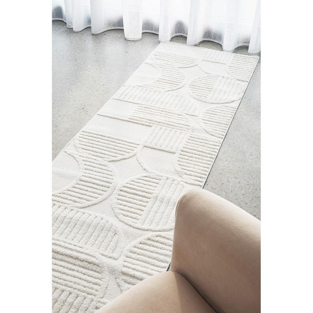 Lotus Leo White Runner Rug featuring geometric circle and stripe pattern in ivory on cream background, Rug Culture collection