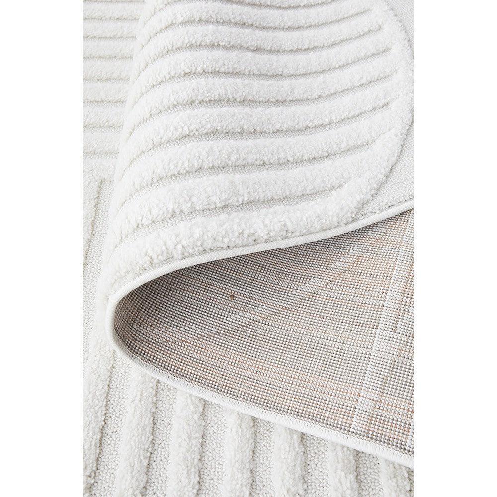 Lotus Leo White Runner Rug featuring a textured striped pattern in white on ivory background, machine-made rug