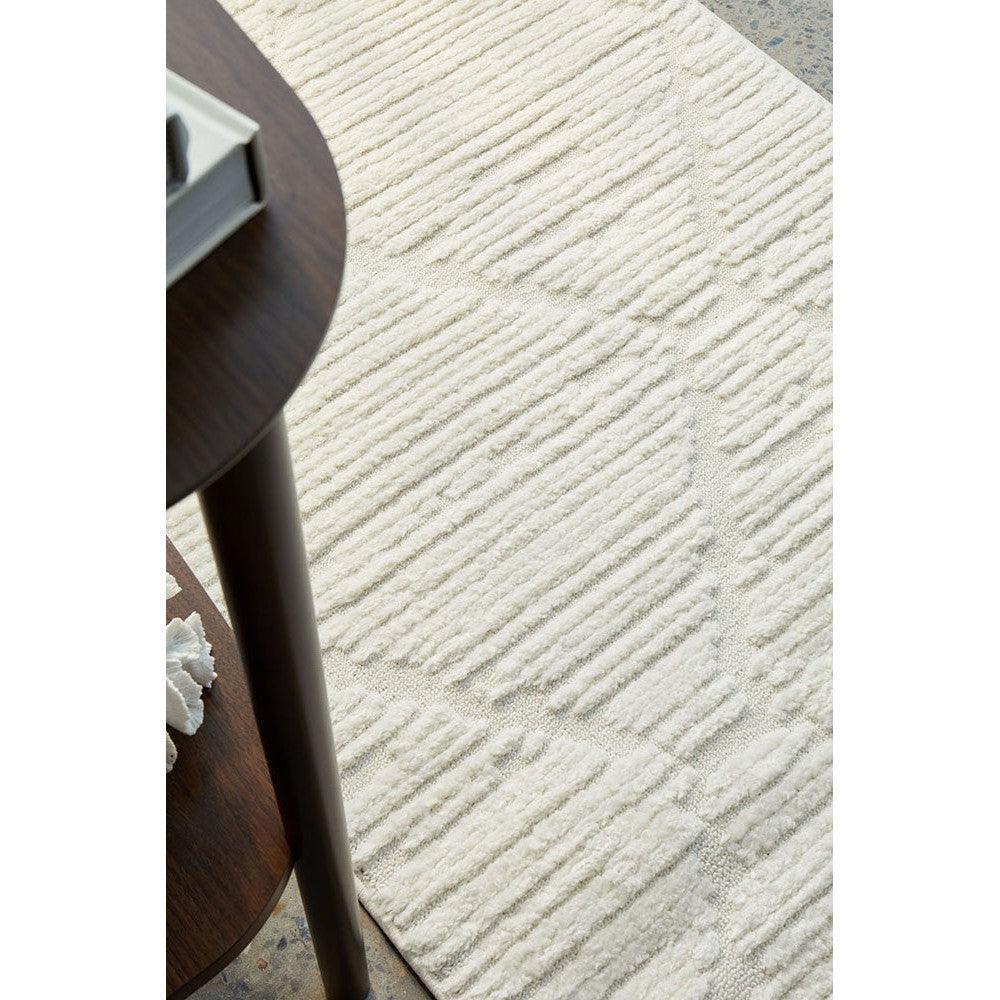 Marigold Aria White Rug featuring linear stripe pattern in ivory and cream on white background, hand-tufted wool