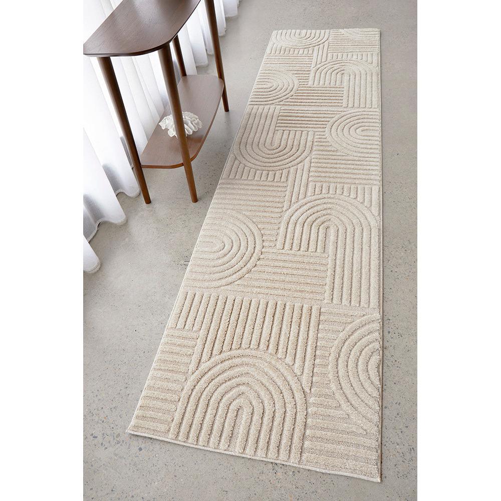 Marigold Dior Natural Runner Rug featuring geometric circular pattern in beige, taupe and cream on cream background, machine-woven polyester