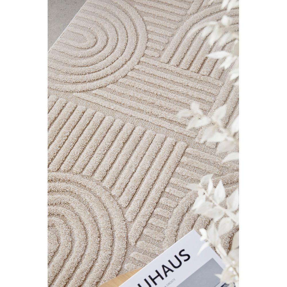 Marigold Dior Natural Runner Rug featuring circular and striped geometric pattern in beige and tan on natural background, machine-made