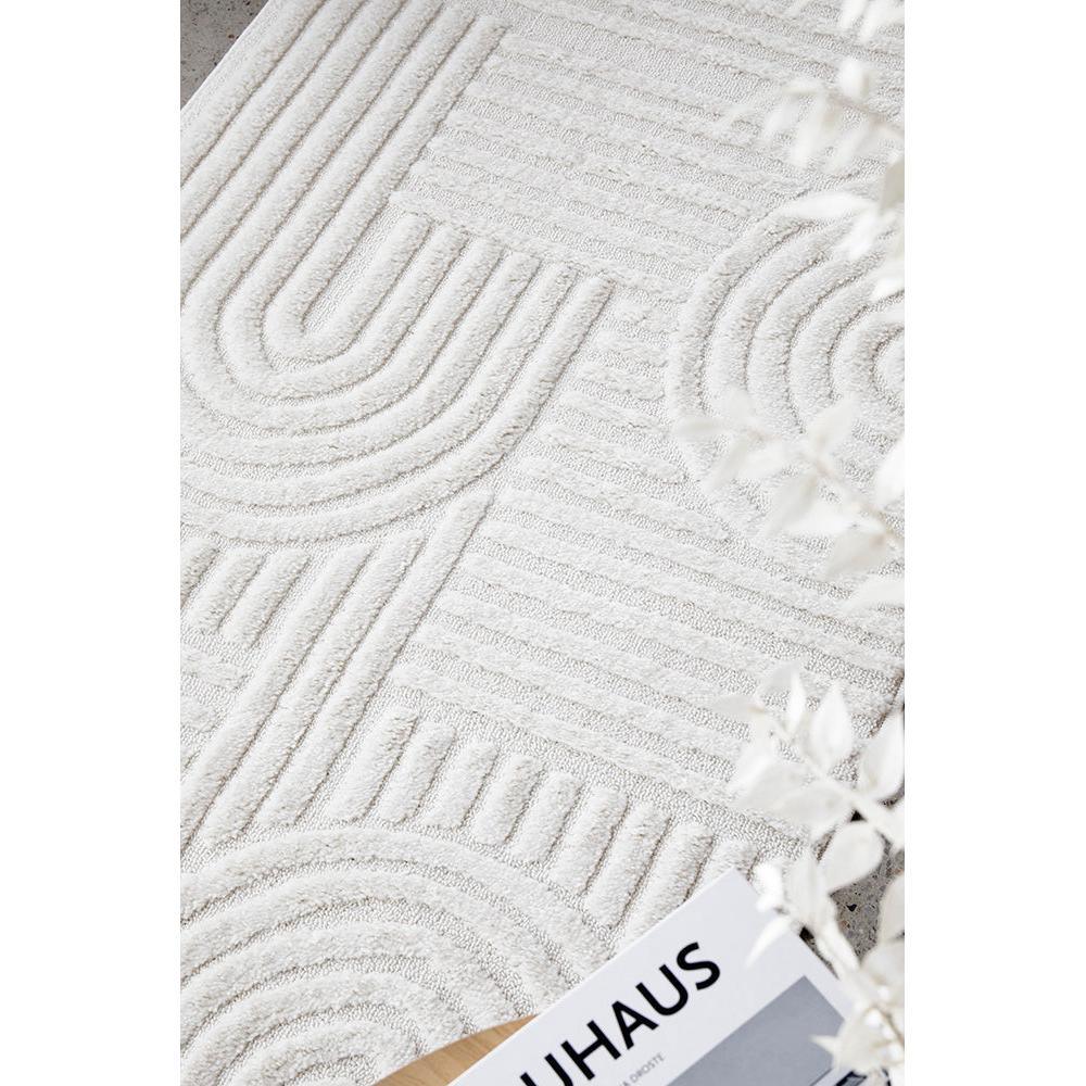 Marigold Dior White Runner Rug featuring geometric circular pattern in cream, ivory on white background, hand-tufted wool