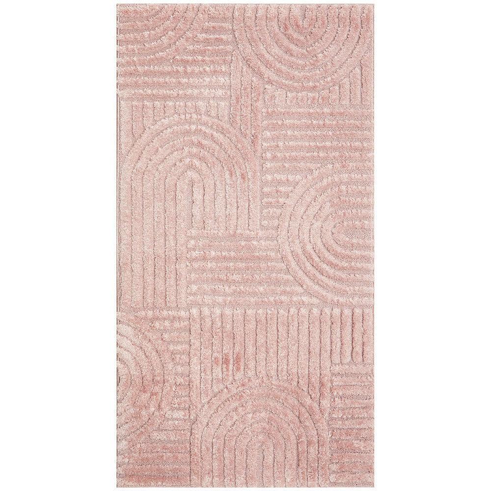 Marigold Jooji Curve Abstract Rug featuring curved/grid pattern in blush pink, rose, dusty pink on pale pink background, hand-tufted wool