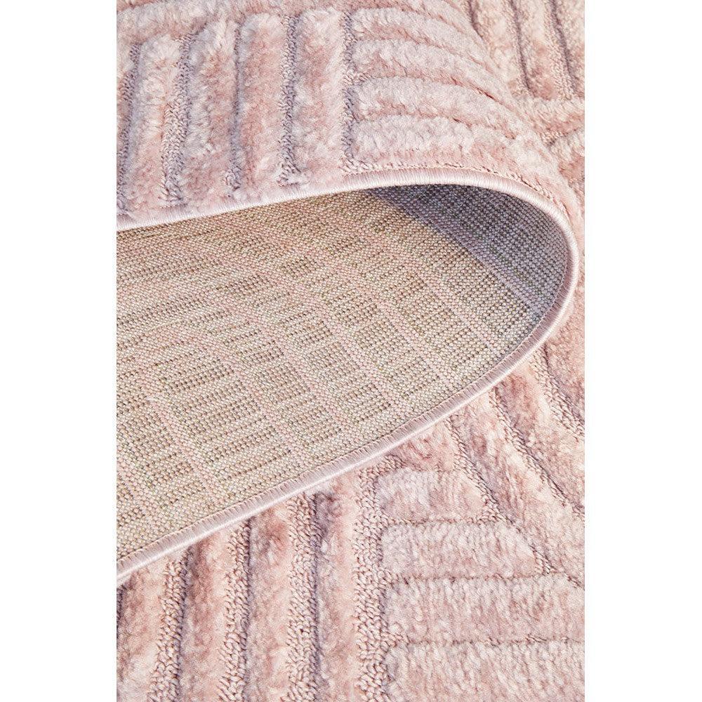 Marigold Jooji Curve Abstract Pink Rug featuring curved abstract pattern in blush pink, cream and beige on pale pink, machine-loomed polyester