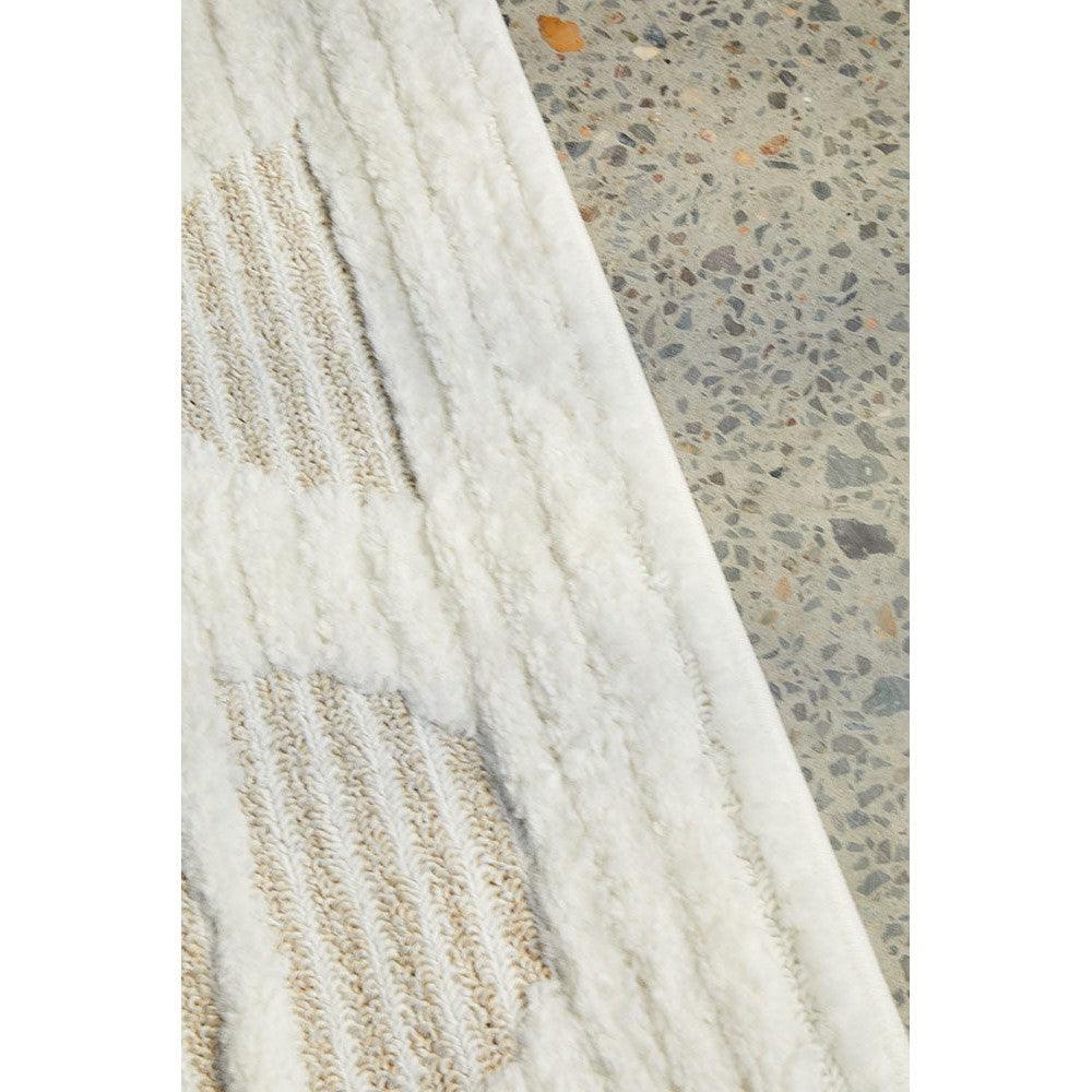 Marigold Lou Abstract Moon Beige Rug featuring abstract moon motif in cream, sand, taupe on ivory background, hand-tufted wool