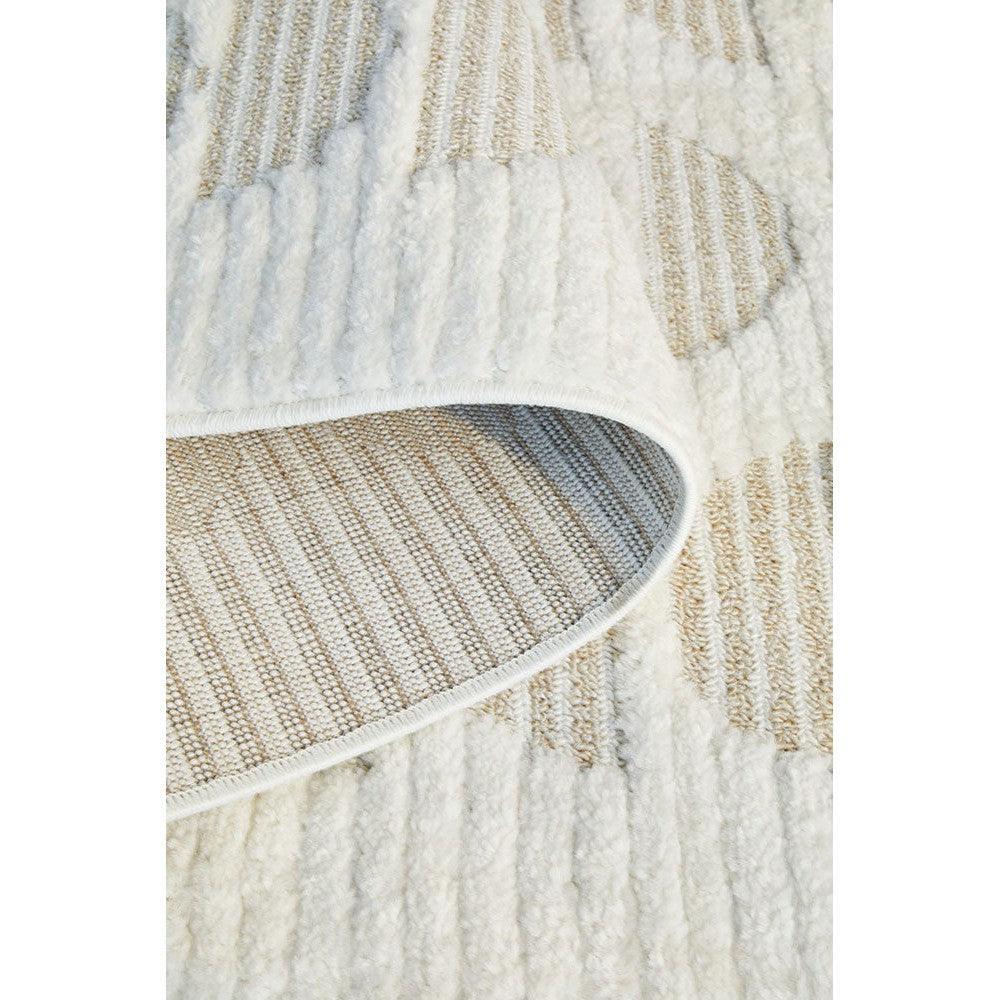 Marigold Lou Abstract Moon Beige Rug featuring abstract moon motif in ivory, cream and taupe on beige background, hand-tufted wool