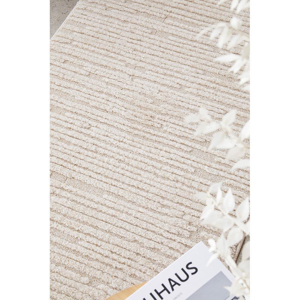 Marigold Suri Natural runner rug with striped textured pattern in cream, beige and taupe on ivory background, hand-tufted wool blend