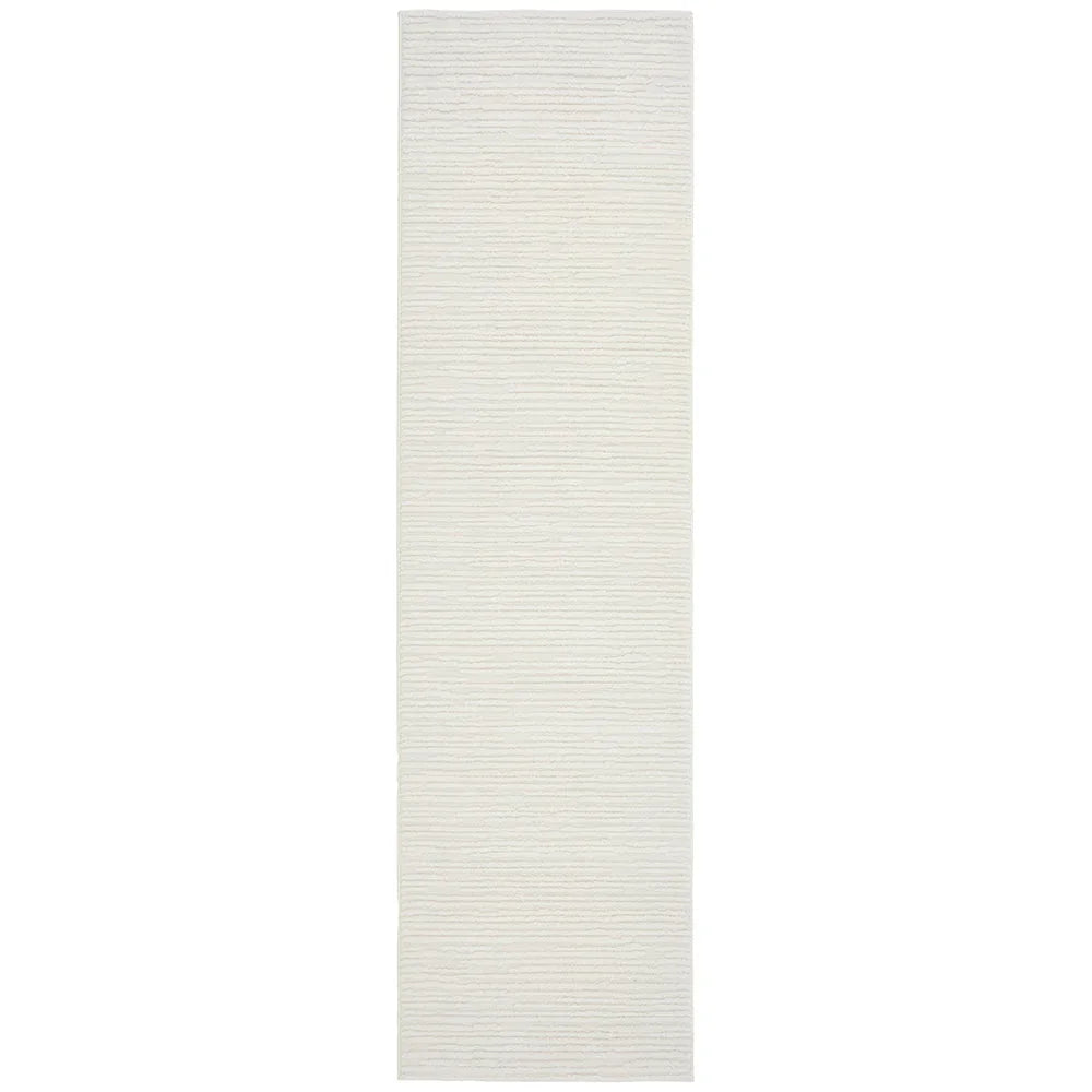 Marigold Suri White Runner Rug featuring subtle striped texture in white and ivory on white background, hand-tufted wool