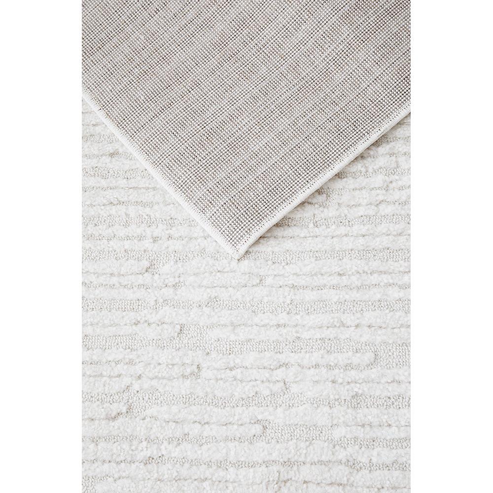 Marigold Suri White Runner Rug featuring textured striped weave in ivory, cream and taupe on white background, machine-made polyester