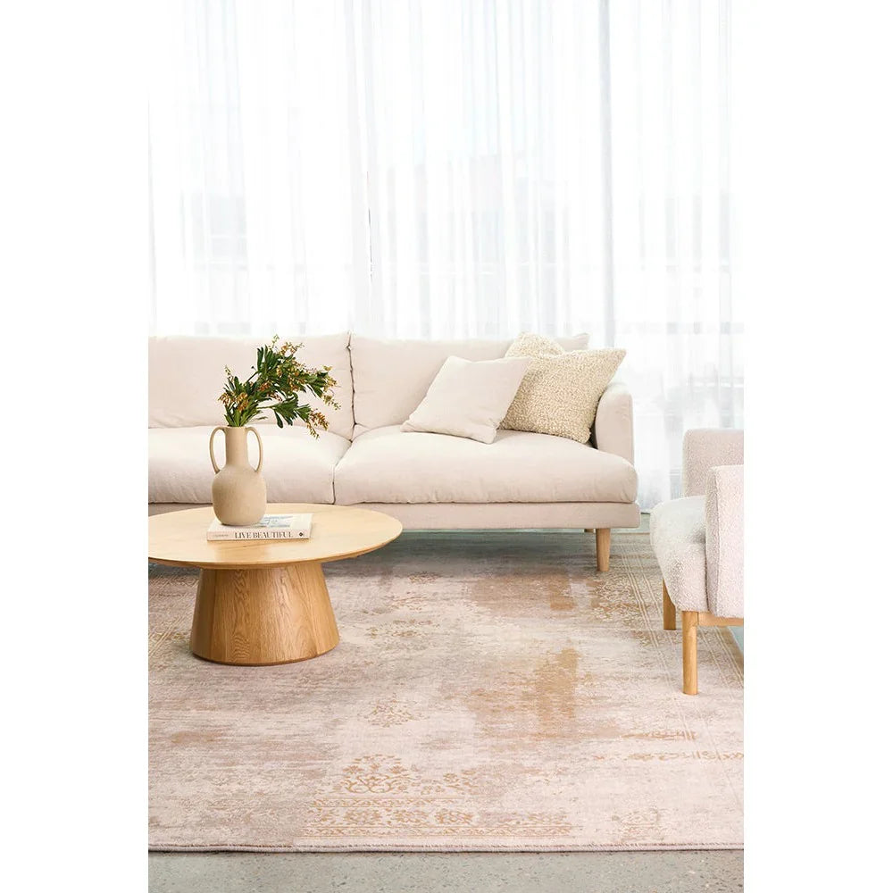 Melody Demi Beige Rug featuring distressed vintage pattern in beige, cream and taupe on ivory background, hand-tufted wool