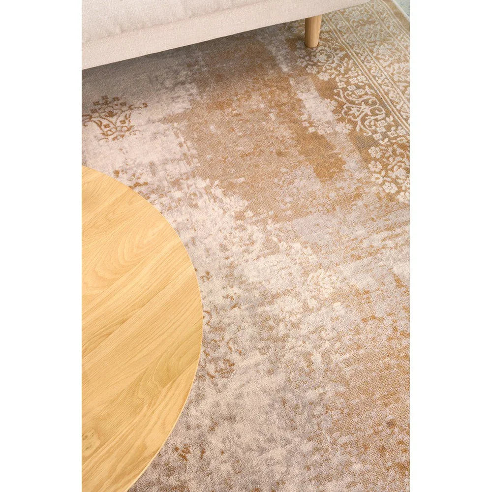 Melody Demi Beige Rug featuring distressed vintage border in cream, beige and tan on beige background, machine-woven polyester
