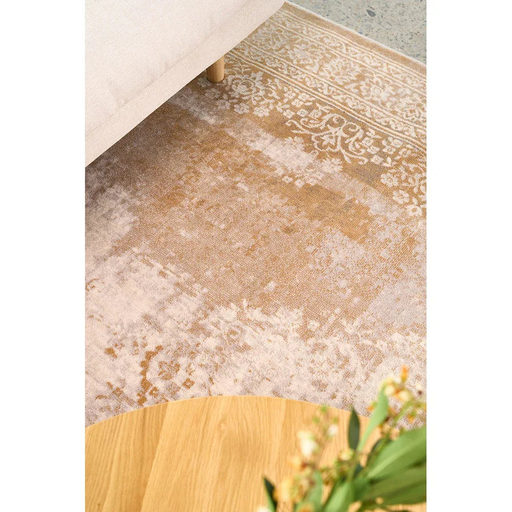 Melody Demi Beige Rug featuring distressed vintage pattern with ornate border in cream, beige and taupe on warm beige, hand-tufted wool