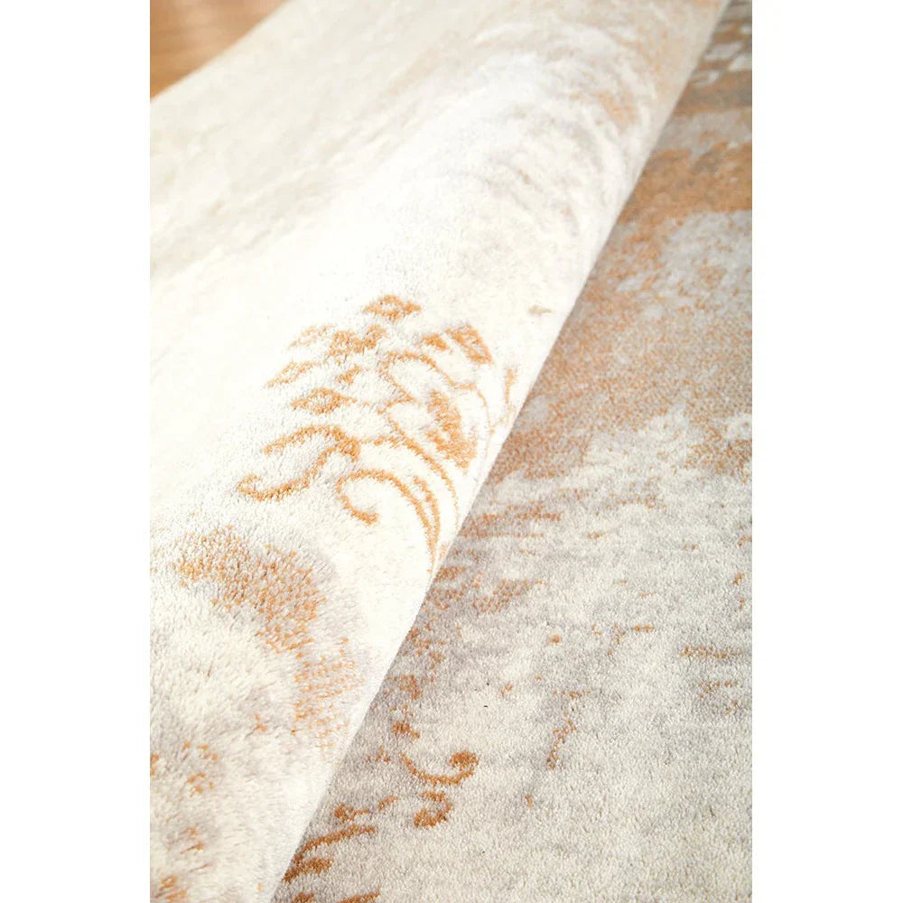 Melody Demi Beige Rug featuring damask floral pattern in ivory, beige and peach on cream background; machine-woven rug