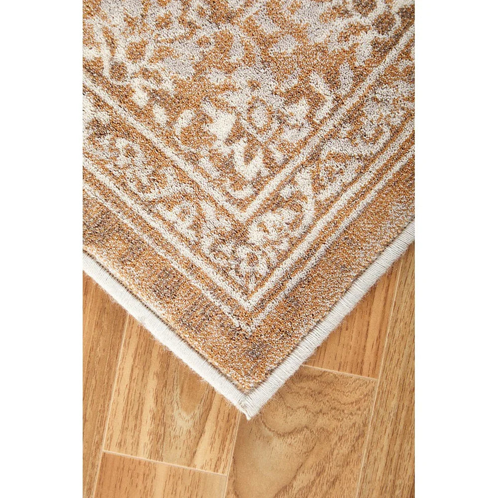 Melody Demi Beige Rug featuring ornate border in beige, ivory and tan on warm beige, machine-woven polypropylene