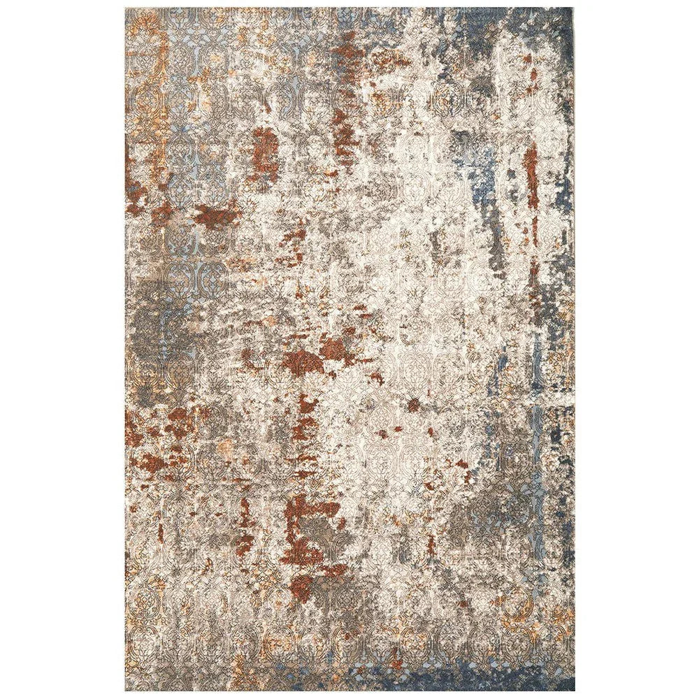 Melody Gayle Multi Rug featuring distressed oriental pattern in beige, ivory, rust, blue-grey on cream background, hand-tufted wool