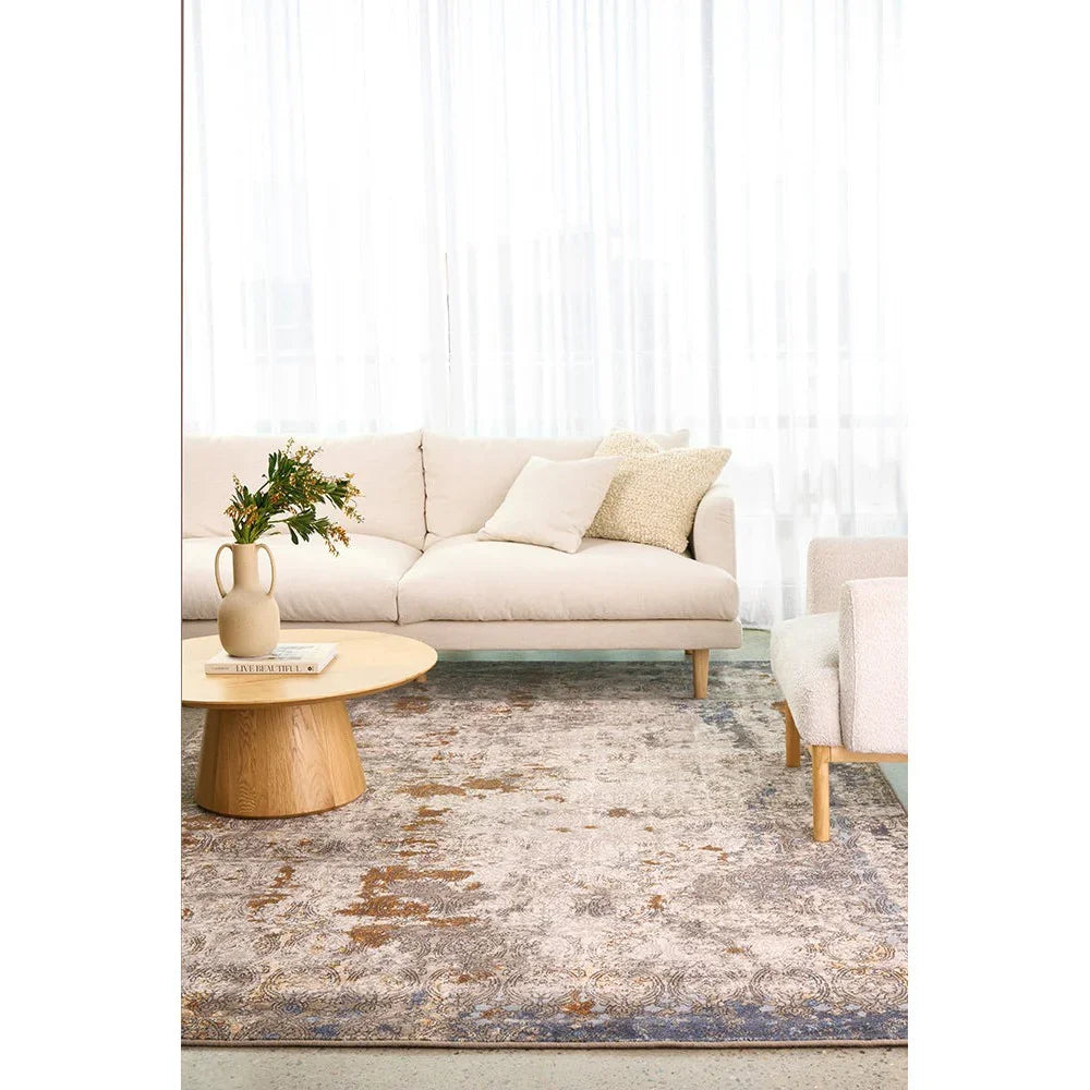 Melody Gayle Multi Rug featuring distressed floral pattern in beige, cream, taupe, blue on ivory, hand-tufted wool