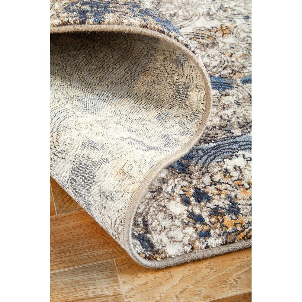 Melody Gayle Multi Rug featuring vintage floral pattern in cream, beige, navy blue, gold on ivory background, machine-made polypropylene
