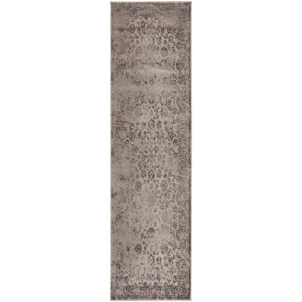 Lux Lucy Silver Runner Rug featuring distressed floral pattern in silver, charcoal grey and taupe on light silver background, machine-made polypropylene