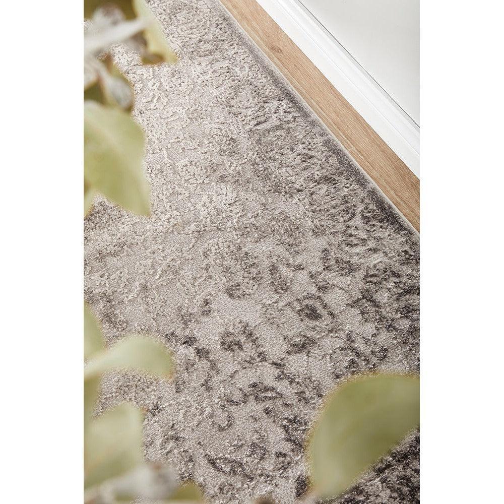 Lux Lucy Silver Runner Rug featuring damask-inspired pattern in silver-grey and charcoal on taupe background, hand-tufted wool