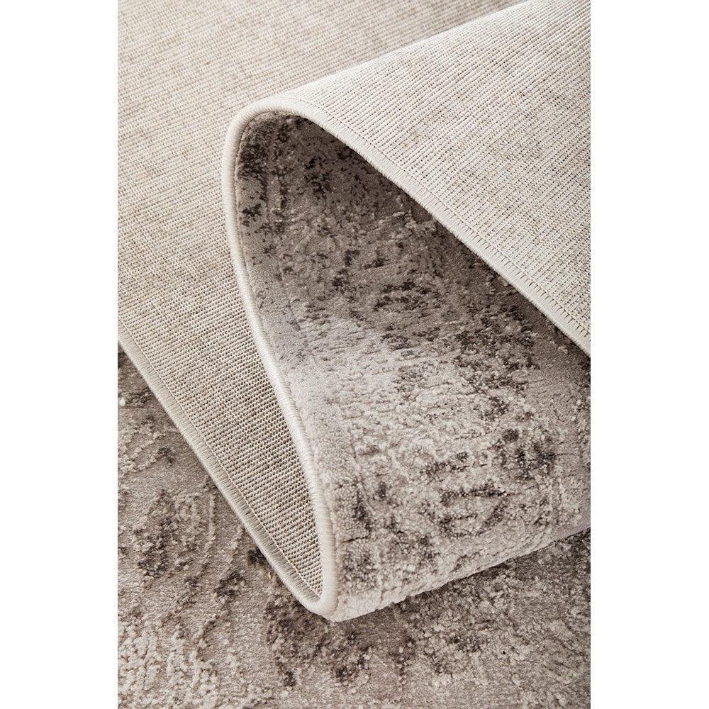 Lux Lucy Silver Runner Rug featuring distressed vintage pattern in silver, beige, taupe and ivory on light cream background, power-loomed polypropylene