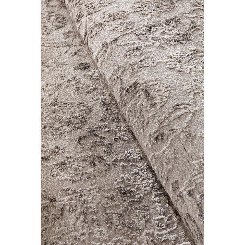 Lux Lucy Silver Runner Rug featuring distressed abstract pattern in silver, taupe and cream on light grey background, machine-woven wool