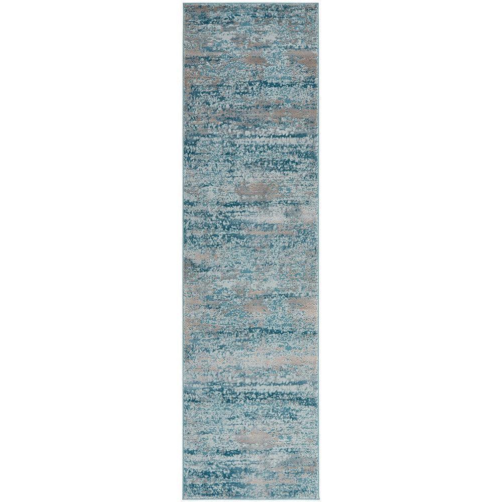 Lux Olivia Blue Runner Rug featuring distressed abstract pattern in teal blue, azure, beige on light grey background, power-loomed polyester