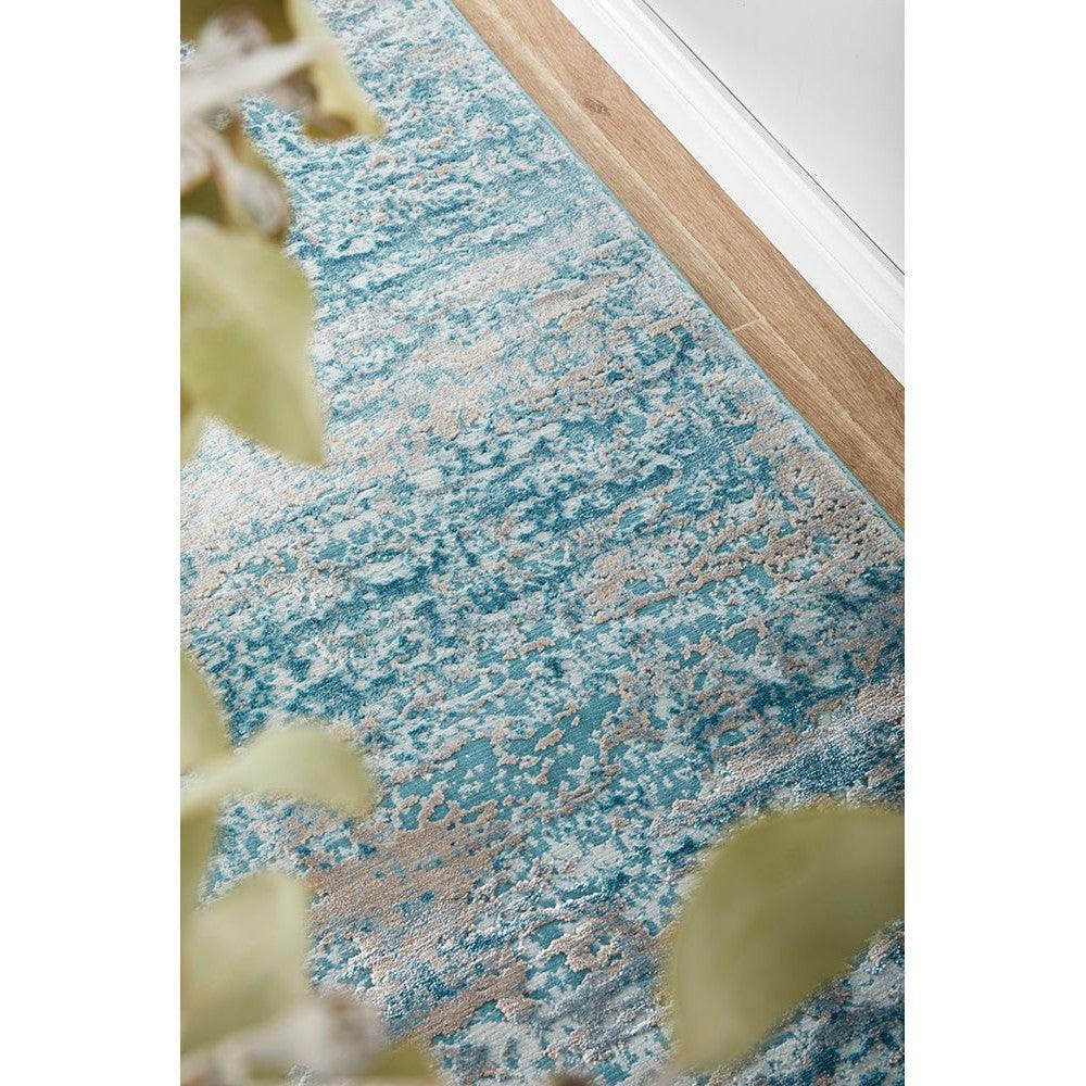 Lux Olivia Blue Runner Rug featuring abstract distressed pattern in teal, turquoise and beige on cream background, Opulence Collection