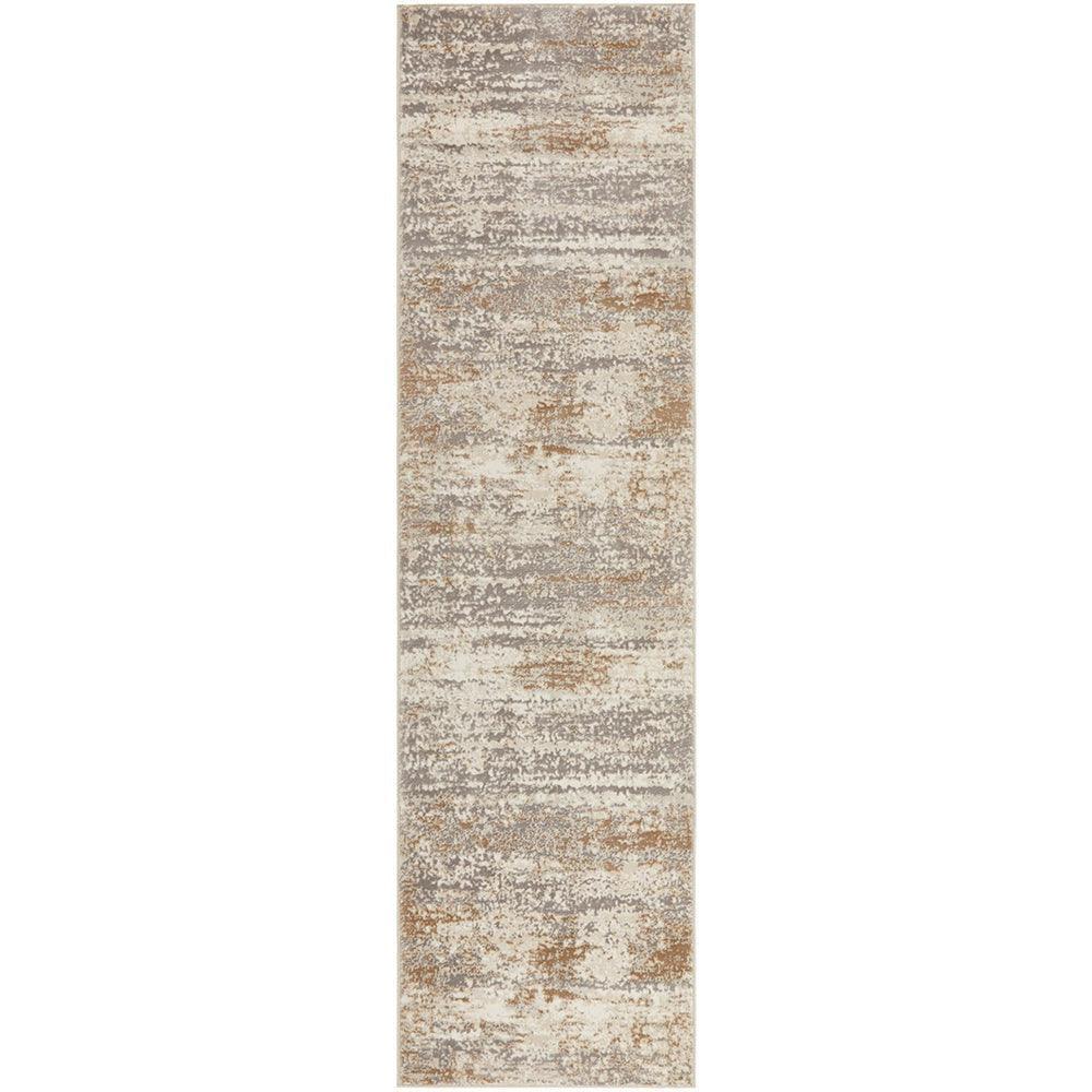 Lux Phoebe Cream Runner Rug featuring abstract distressed pattern in cream, taupe, beige and rust on beige background, machine-made synthetic fibers