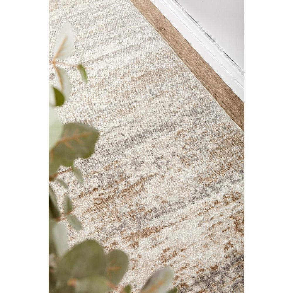 Lux Phoebe Cream Runner Rug featuring distressed abstract pattern in cream, beige, taupe on ivory background, hand-tufted wool