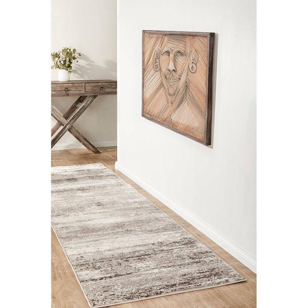 Lux Sophia Silver Runner Rug by Rug Culture, Opulence Collection with abstract distressed silver-grey pattern on ivory, machine-made polypropylene