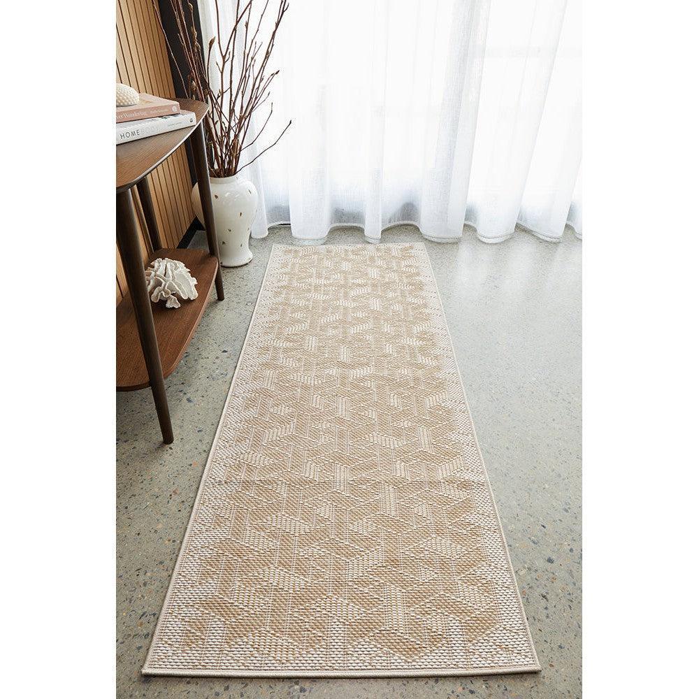Patio Kudo Natural Runner Indoor-Outdoor Rug featuring geometric lattice pattern in cream and tan on natural beige, outdoor polypropylene