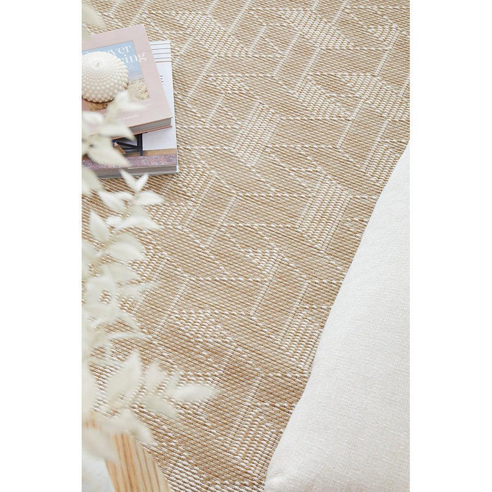Patio Kudo Natural Runner Indoor-Outdoor Rug featuring geometric checkerboard in beige, sand and ivory on light cream background, machine-woven polypropylene