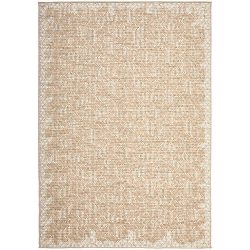 Patio Kudo Indoor-Outdoor Rug featuring geometric interlocking pattern in tan and beige on natural background, machine-woven polypropylene