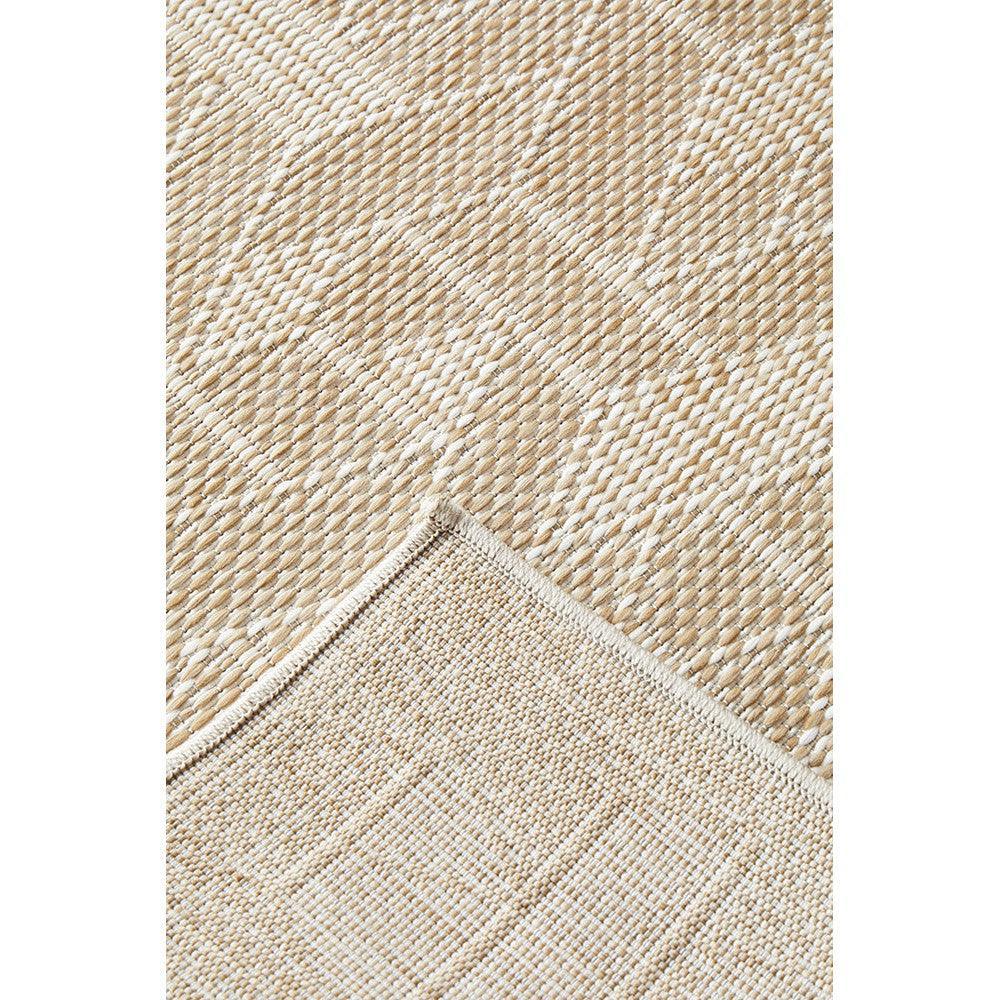Patio Kudo Natural Indoor-Outdoor Rug featuring woven geometric diamond pattern in beige, cream and tan on natural background, hand-woven jute