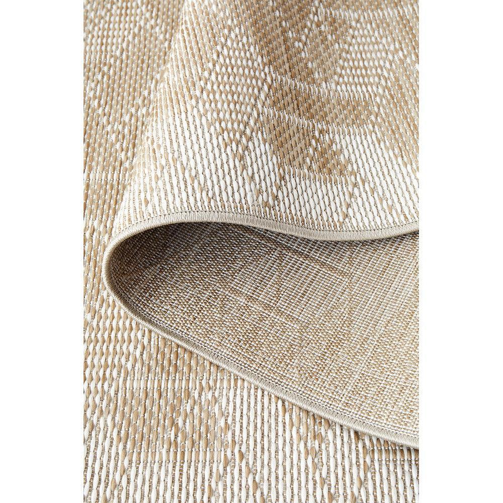 Patio Kudo Natural Indoor-Outdoor Rug featuring linear woven pattern in beige, cream and tan on natural background, power-loomed polypropylene