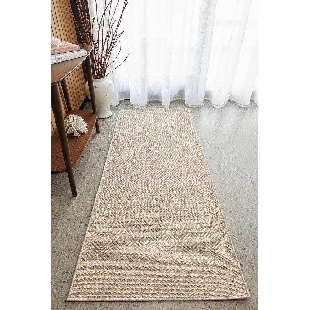 Patio Misty Natural Runner Indoor-Outdoor Rug featuring a cream beige diamond lattice on a natural background; machine-made polypropylene