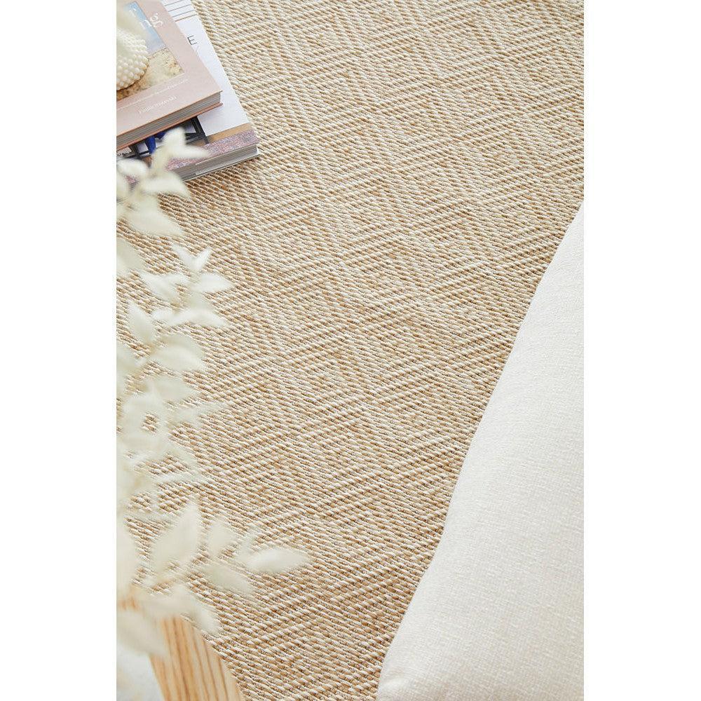 Patio Misty Natural Runner Indoor-Outdoor Rug featuring woven textured stripe in natural beige on cream background, machine-woven polypropylene