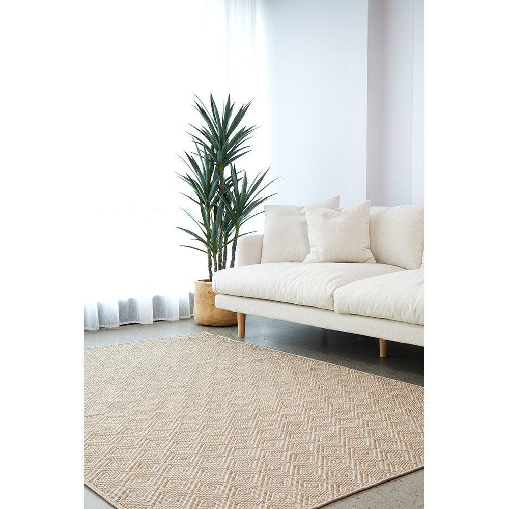 Patio Misty Natural Indoor-Outdoor Rug by Rug Culture featuring subtle diamond pattern in beige/cream on tan, machine-made.