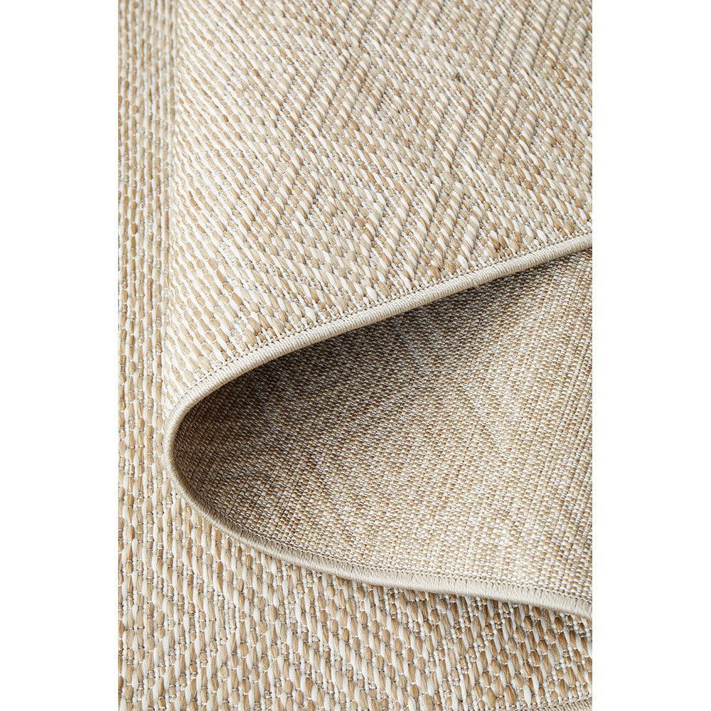 Patio Misty Natural Indoor-Outdoor Rug featuring textured linear weave in beige, cream and taupe on natural background, power-loomed polypropylene