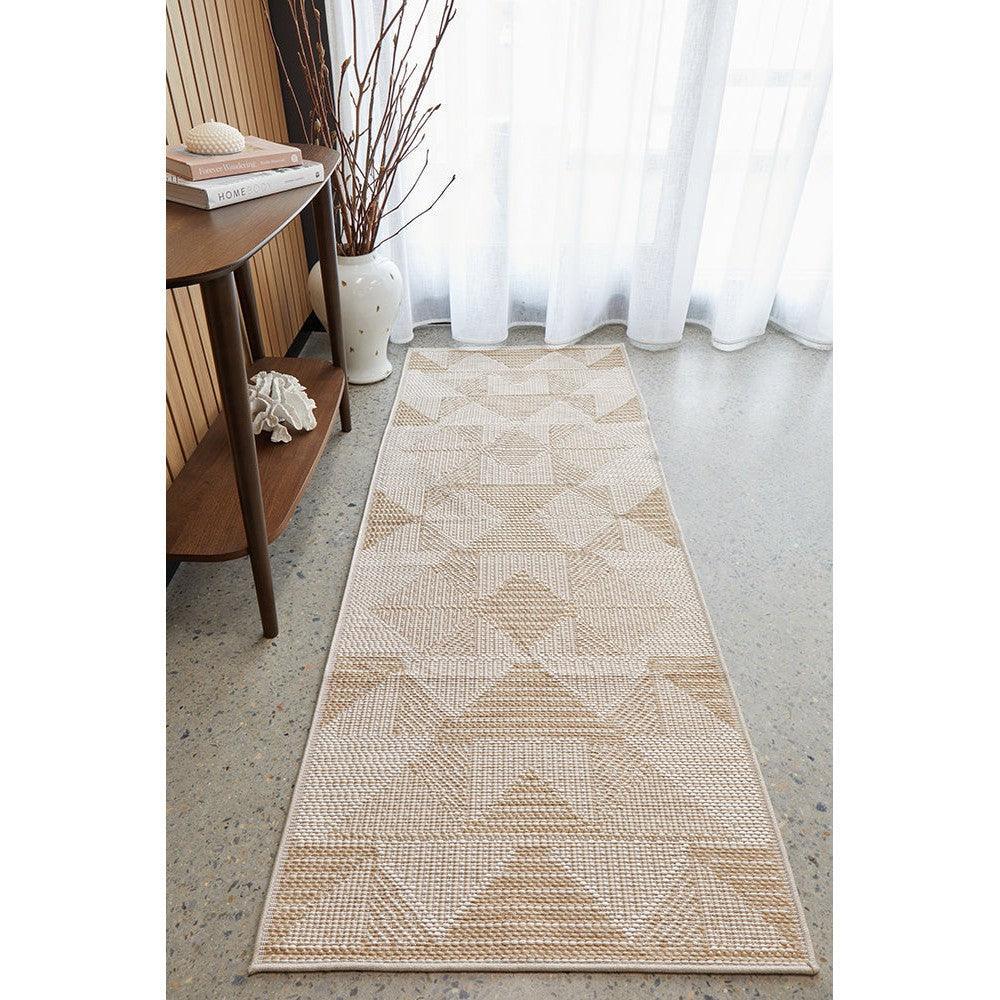 Patio Rico Natural Runner Indoor-Outdoor Rug featuring geometric triangle pattern in cream, beige and taupe on cream background, power-loomed polypropylene
