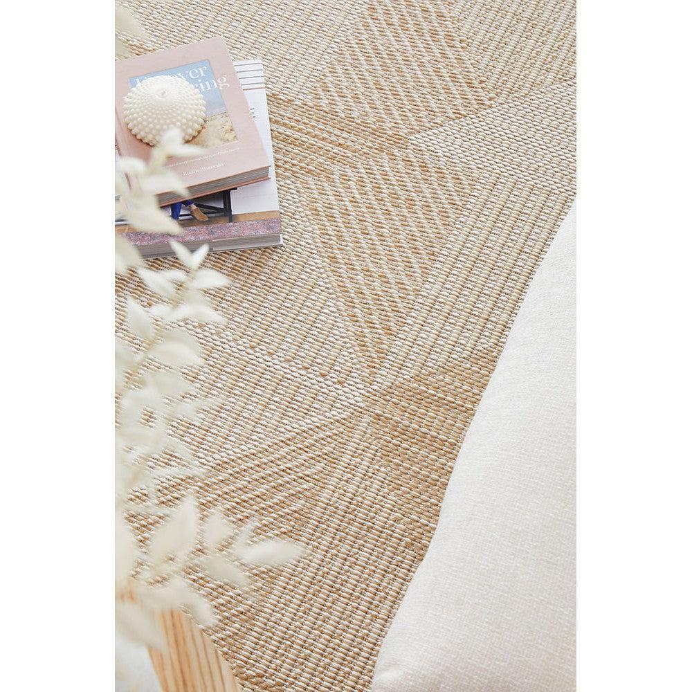 Patios Rico Natural Runner Rug featuring woven stripe pattern in beige and cream on natural background, machine-woven synthetic fiber