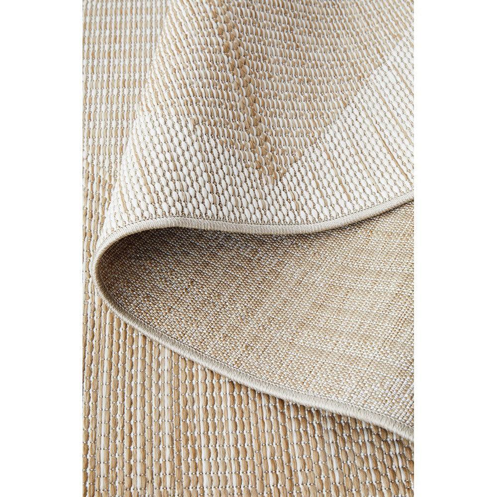 Patio Rico Natural Runner featuring textured striped weave in beige, sandy tan and ivory on natural background, machine-woven polypropylene