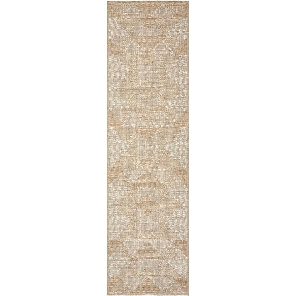 Patio Rico Natural Runner Indoor-Outdoor Rug by Rug Culture featuring beige, taupe and cream geometric triangles on natural background, machine-woven polypropylene