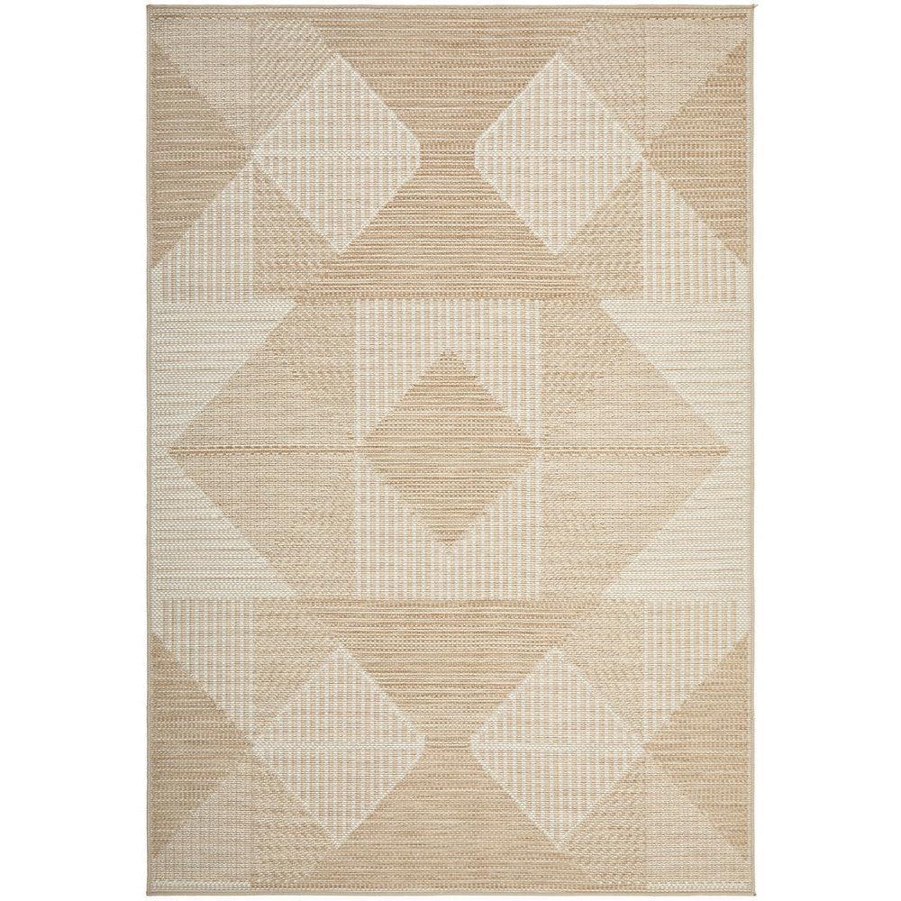 Patio Rico Natural Indoor-Outdoor Rug featuring geometric diamond in cream, beige and tan on natural backdrop, machine-made polypropylene