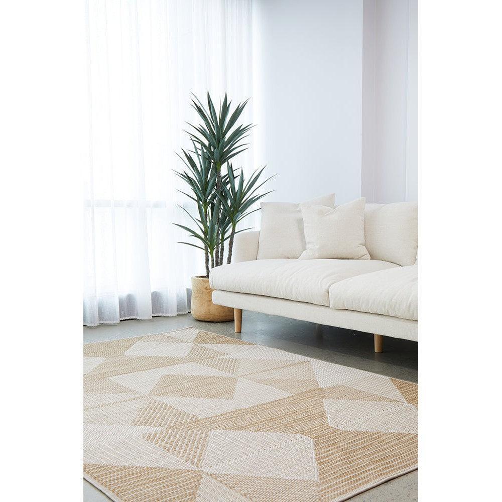 Patio Rico Natural Indoor-Outdoor Rug featuring geometric block pattern in beige, cream and taupe on ivory background, power-loomed polypropylene